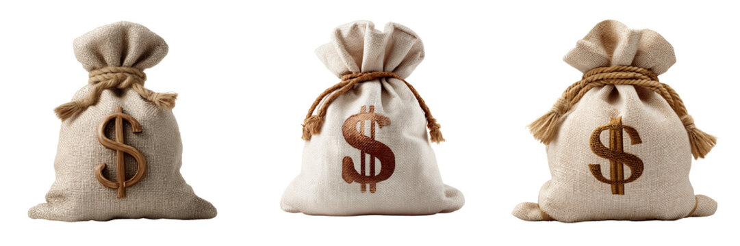 Set of Money bag with dollar sign marking on transparent png background. Ai generated