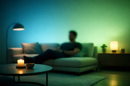 Man relaxing on a modern sofa in a minimalist living room, basking in color changing ambient wall lights and the warm glow of a lit candle for a cozy evening calm
