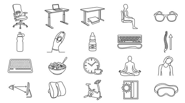 Minimal line icons of daily activities and lifestyle objects including office desk fitness yoga and home items, ideal for apps, planners, and user interface design.