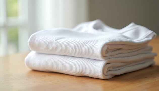 Clean white t shirts neatly folded on wood surface. Soft ribbed fabric stacks indoors near window light. Basic apparel, everyday wear, laundry day.
