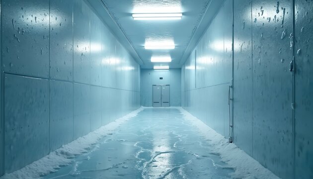 Empty cold storage freezer room hallway. Icy floor with snow piles. Light panels illuminate frosted walls. Industrial refrigeration unit interior.