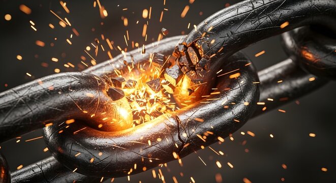High-quality image of two metal chains breaking apart, one shattered and one whole. Representing successful liberation, strength, and the moment of breaking free from heavy burdens