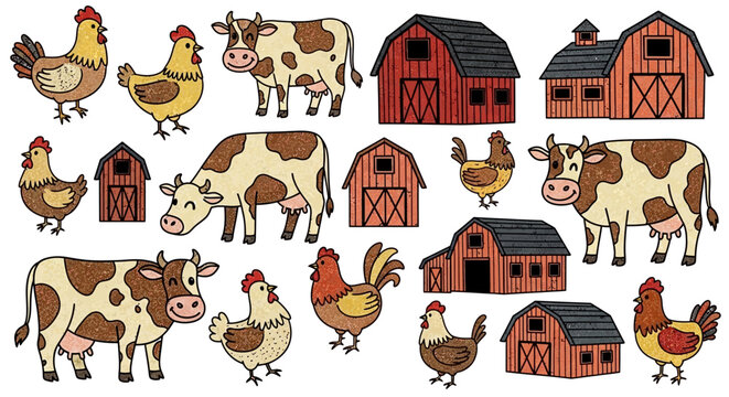 Farm animals and barns scene.