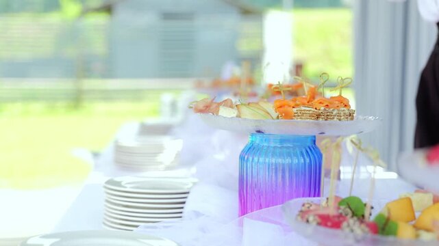 Professional server positioning gourmet canapes on decorated buffet, setting up refined culinary display for elegant outdoor summer garden reception