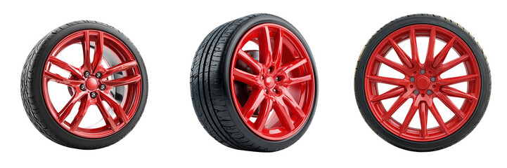 Obraz premium Set of Red painted car wheel with rugged tire design on transparent png background. Ai generated