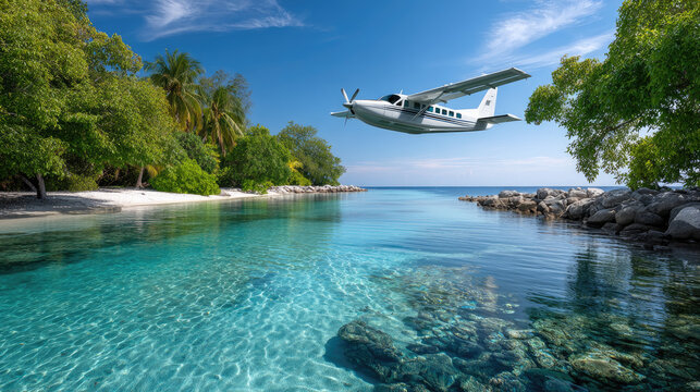 Seaplane moored in crystal clear turquoise water beside a white sand beach and swaying palms, offering private, luxurious island transfer for a serene tropical getaway