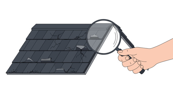 This detailed close-up illustration features a hand holding a magnifying glass over a section of dark roof shingles that show visible cracks and peeling.