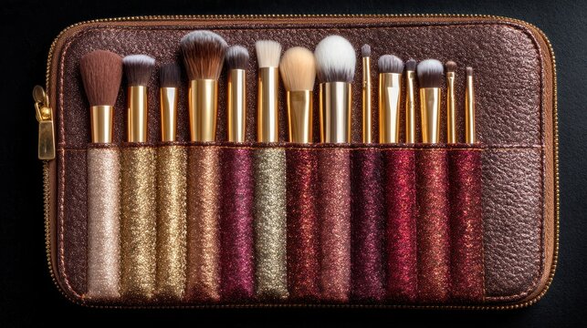 Glittery Makeup Brushes Set in Brown Zip Case