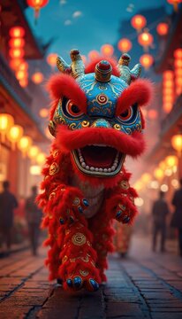 Chinese dragon costume dances in street at night festival. Red and blue creature performs traditional dance under glowing lanterns. Colorful celebration.