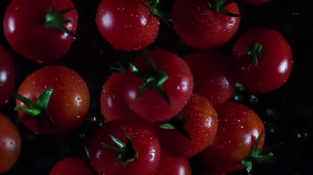 Small Fresh Tomatoes in Flight. A small amount of tomato tossed into the camera lens. the camera is pointed down. Tomatoes hang in the air, and then disappear in the dark