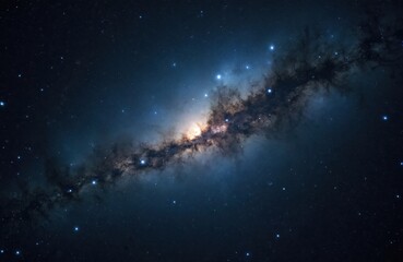 Fototapeta premium Bright Pleiades star cluster with blue nebulae glow in deep space. Celestial bodies and cosmic dust drift in universe. Distant galaxy and starry night sky.