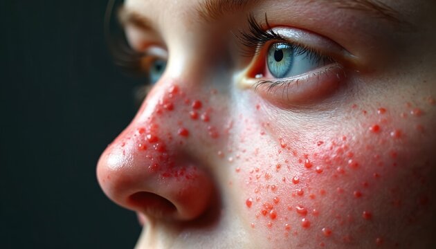 Close up of face showing rosacea symptoms. Red bumps and visible blood vessels on nose and cheeks. Sensitive skin condition, inflammation and irritation visible.