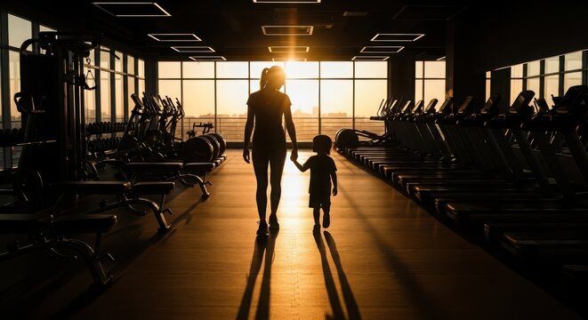 silhouette of mother and child holding hands in a gym at sunset