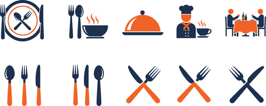 Restaurant dining icon set with plate cutlery chef serving cloche and table symbols isolated flat vector illustration