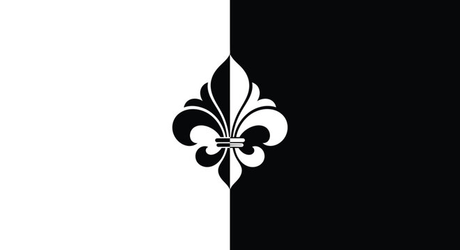 A stark black and white image featuring a symmetrical fleur de lis design centered on the composition