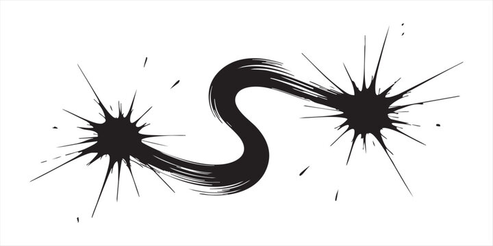 Abstract black ink s-shape with starburst splashes, dynamic artistic splatter