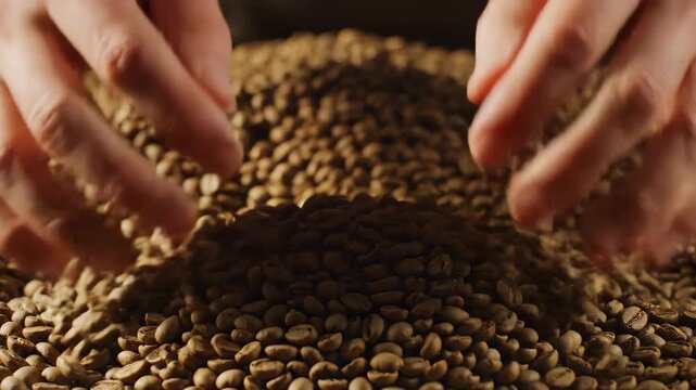 Close-up hands holding fresh green coffee beans in slow motion 4k footage