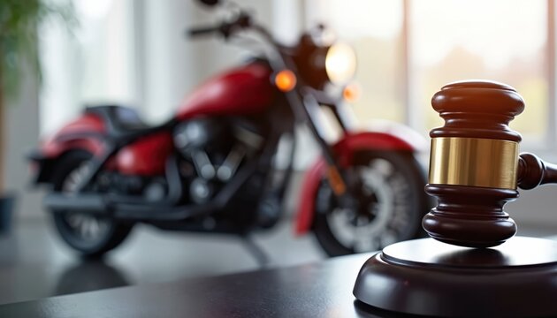 Red motorcycle and judge gavel in focus. Represents legal issues, motorcycle accidents, justice, and rider rights in court. Legal representation for bikers. Insurance claims.