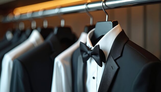 Black tuxedos and white shirts hang on a rack. Formal menswear ready for events like weddings and parties. Professional dry cleaning or tailoring service displayed.