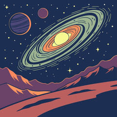 A vibrant pixel art depiction of saturn and its moons in space © Laki Khatun