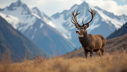 Fototapeta premium Majestic male deer with large antlers stands in golden mountain meadow with snow capped peaks behind. Wild animal in natural autumn habitat, grassy field, cloudy sky. Cervidae mature buck looking to