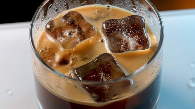 Cold coffee pours over ice cubes in a glass. Steam rises as liquid hits the chilled surface. Drops condense on the glass's outer side. The drink looks refreshing and invigorating