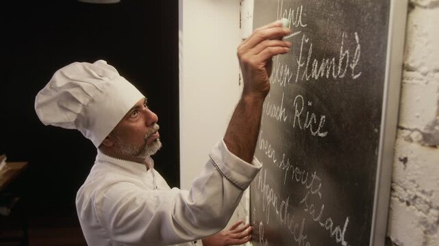 High angle shot of male chef, wearing white hat and jacket, standing with his right hand raised, writing with white chalk on dark chalkboard in restaurant