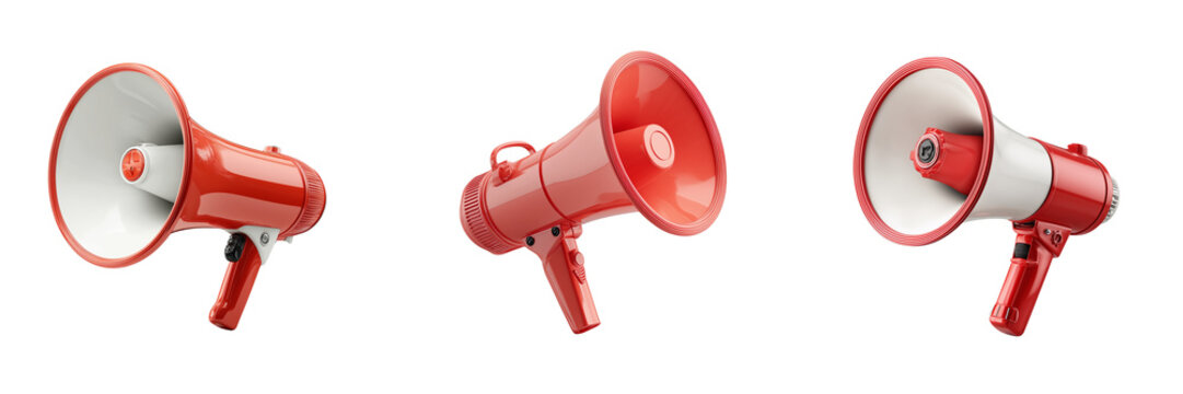 Set of Red and white plastic megaphone with strap on transparent png background. Ai generated