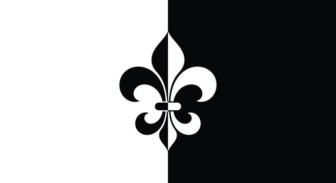 A stark black and white image featuring a fleur de lis design split vertically down the center