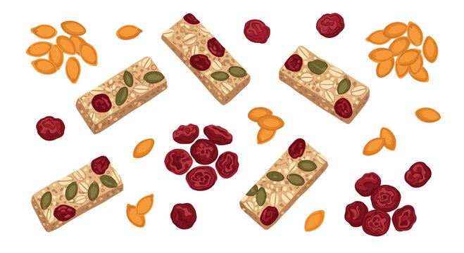 Multiple delicious oat bars are scattered dynamically among piles of orange pumpkin seeds and dark red dried cranberries over a pristine white ground.