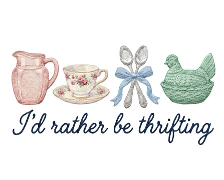 Vintage aesthetic thrift store lover design with teacups spoons and hen decor for antique enthusiasts