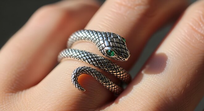 Extreme close-up shot focusing on a detailed silver or metal snake-shaped ring, with textured scales and two small green gem eyes, wrapped around a human finger.