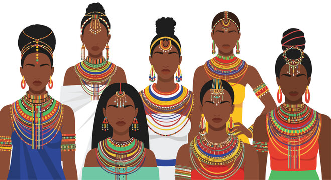 Seven elegant African women stand together wearing magnificent multi-colored beaded necklaces and ornate golden headpieces against a stark white area.