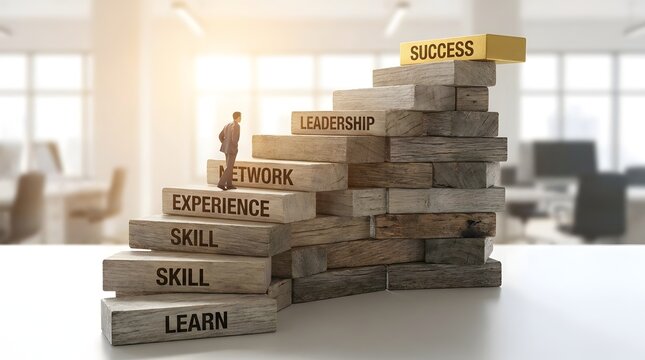 A tiny businessman thoughtfully ascends a career staircase built from wooden blocks, each step representing critical attributes for achieving professional success.