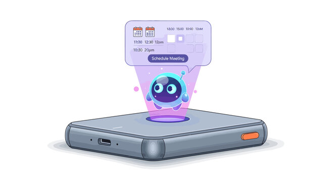 Cute cartoon robot emerging from smartphone screen with cheerful expression