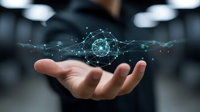 close-up of human hand projecting futuristic digital network