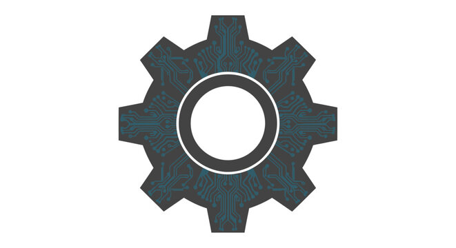 Digital gear with circuit board pattern representing technology and innovation on white background