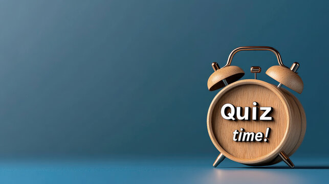 Alarm clock displaying quiz time on its face, symbolizing deadlines, urgent assessment, and the pressing nature of educational challenges, resting on a book
