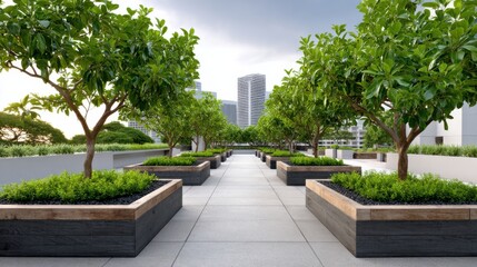 Obraz premium Urban rooftop garden featuring neatly arranged planter boxes with lush green trees and shrubs, surrounded by modern city skyline and cloudy sky
