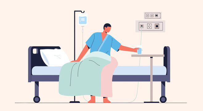 Patient recovering in hospital bed with IV drip and bedside table
