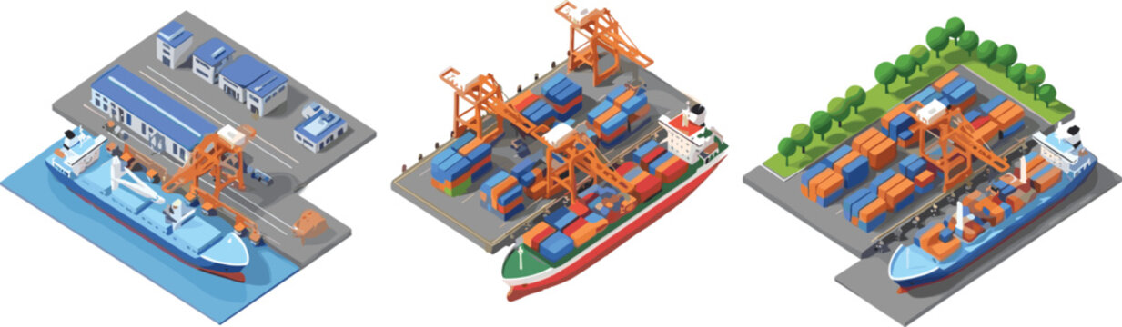 Set of Isometric Shipping Ports with Cargo Ships, Containers, and Cranes for Logistics, Maritime Transport, and Industrial Design Themes