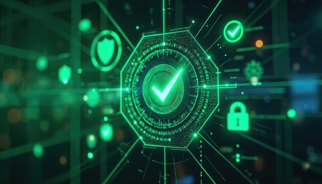 Digital security check with glowing green icons. Shield, padlock, and checkmark symbols represent data protection, cyber safety, and verification. Network grid background provides abstract tech feel.