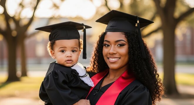 Smiling graduate woman holding baby in graduation cap outdoors