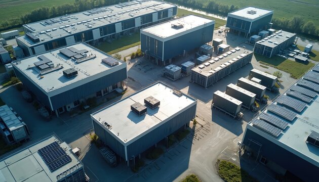 Large data center complex viewed from above. Rows of server buildings, modular units visible. Solar panels installed on roofs. Outdoor cooling units, backup power systems suggest high energy needs