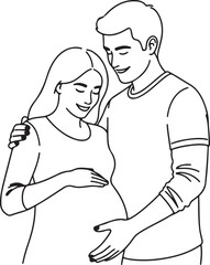 Obraz premium Pregnant couple, expecting parents, love, illustration, line art, black and white