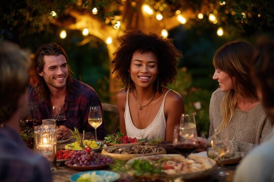 Diverse friends laugh, at wooden table with food/wine under string lights in garden at dusk. Warm candle/bulb glow highlights joyful faces. Young adult men/women of varied. Centra