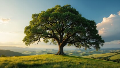 Obraz premium Large oak tree stands on grassy hill. Rolling green fields stretch to horizon under blue sky with clouds. Warm sunlight illuminates serene landscape. Nature beauty.