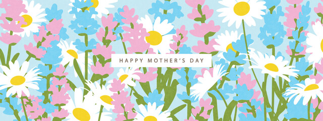 Naklejka na ściany i meble Horizontal Mother's Day banner with spring flowers, daisies and lavender in soft pastel flat style with grainy texture, vector illustration.