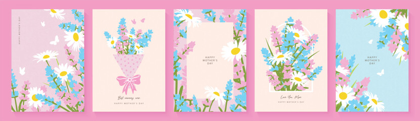 Set of Mother's Day card templates in soft pastel flat style with spring wildflowers, daisies and lavender. Collection with delicate bouquets. Elegant layouts for greetings, invitations, print