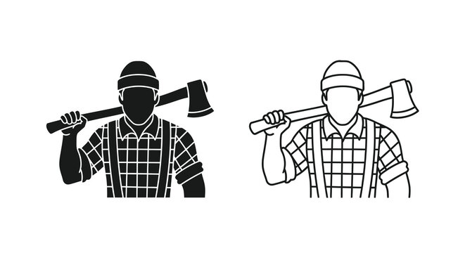 Lumberjack icon set in black and white depicting a worker with an axe